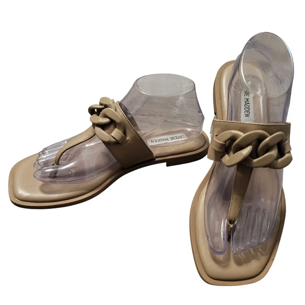 Steve Madden Ariellah Tan Chain Link Square Toe Thong Sandals Womens 8.5 Nude